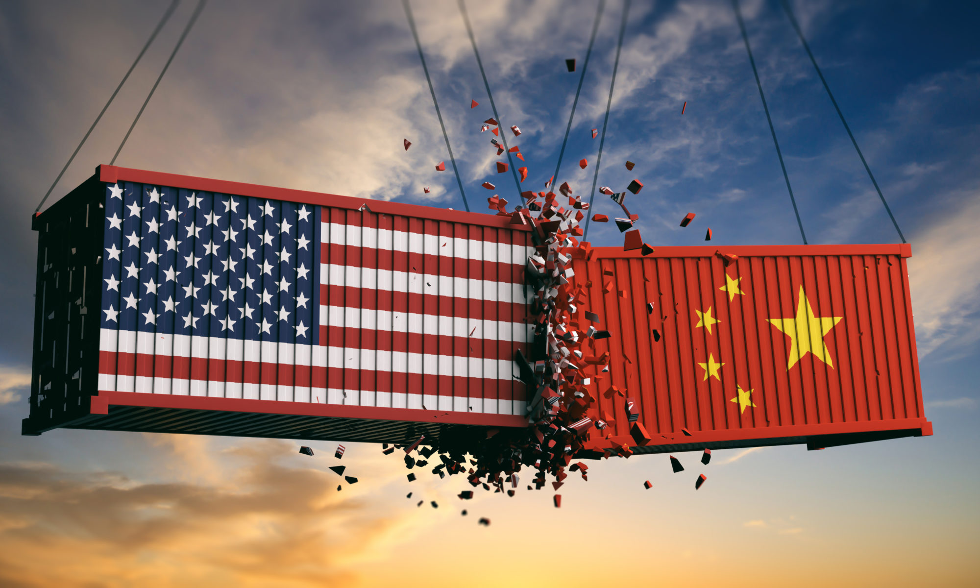 USA and China trade war. US of America and chinese flags crashed containers on sky at sunset background. 3d illustration