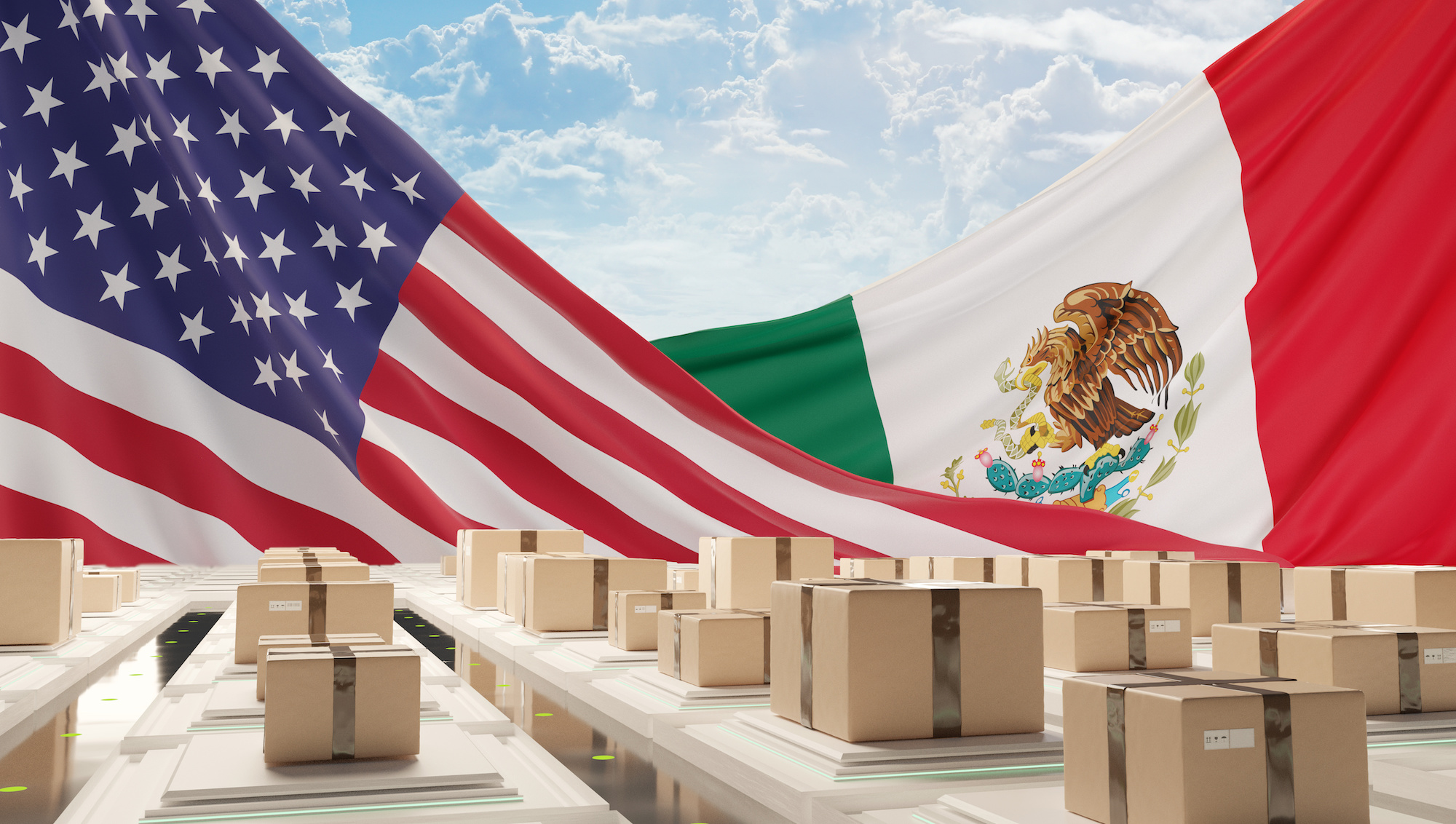 flag of America and Mexico with postal packages logistic center 3d-illustration