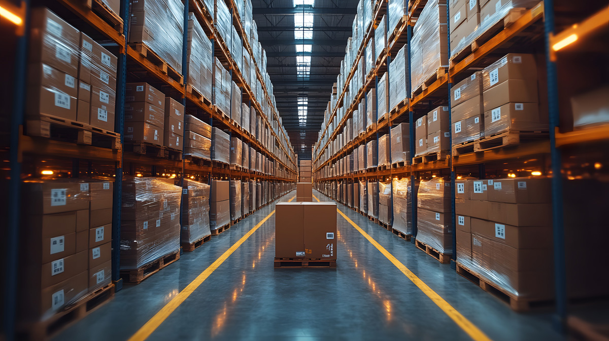 A warehouse with shelves full of cardboard boxes in El Paso. 